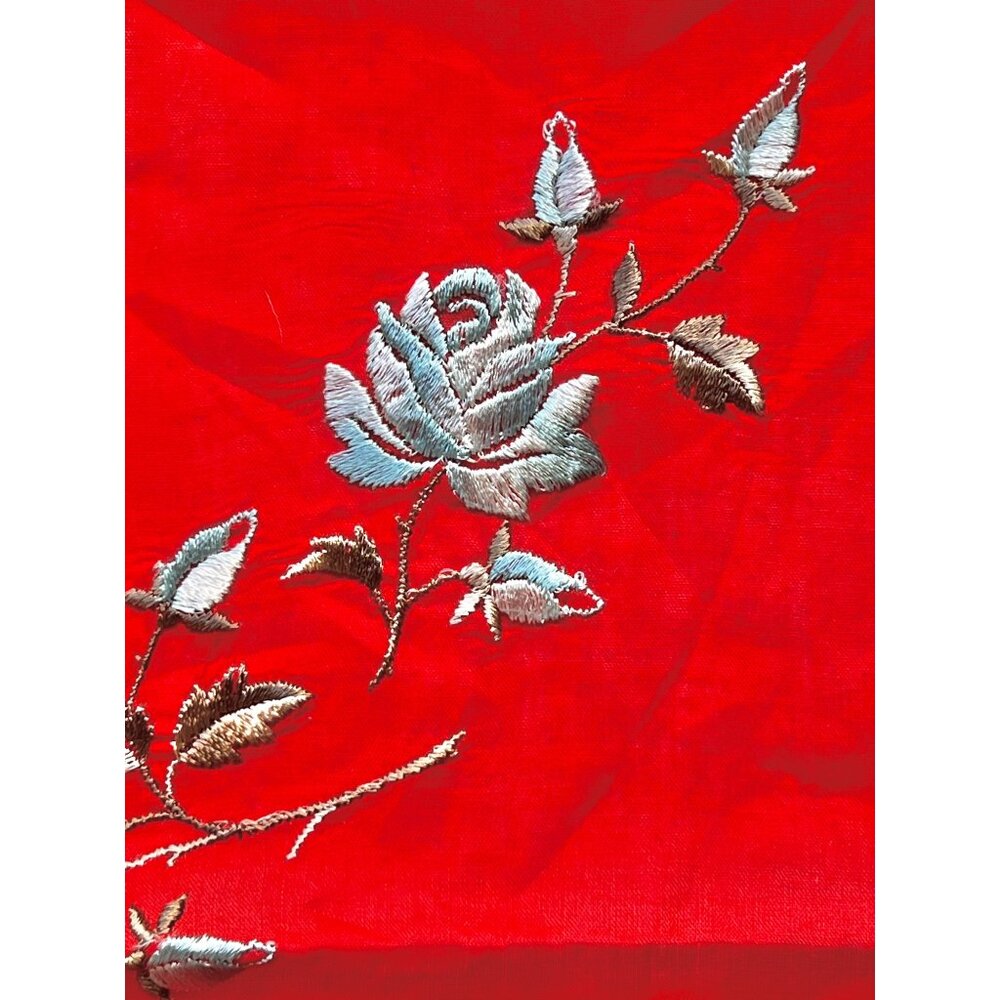 Vintage Red Swiss Cotton Handkerchief With Silver Rose Embroidery New - Picture 7 of 9